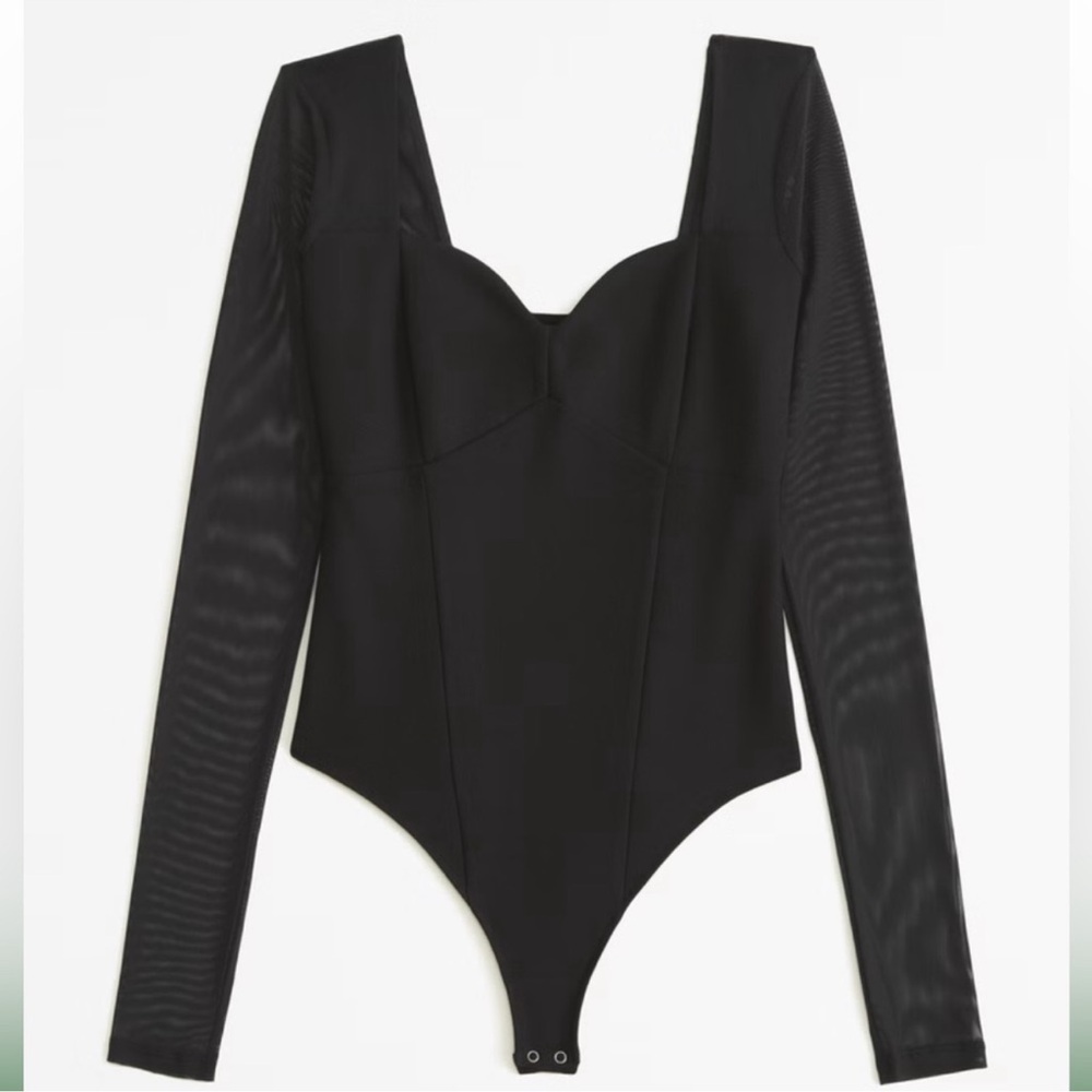NWT Abercrombie Long-Sleeve Mesh Crepe Sweetheart Bodysuit in Black - Picture 2 of 15